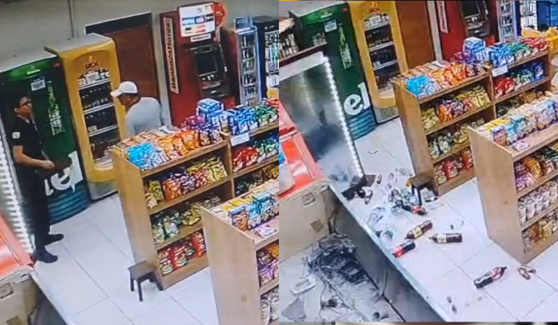 Sargento da PM é flagrado destruindo loja de conveniência em Manaus